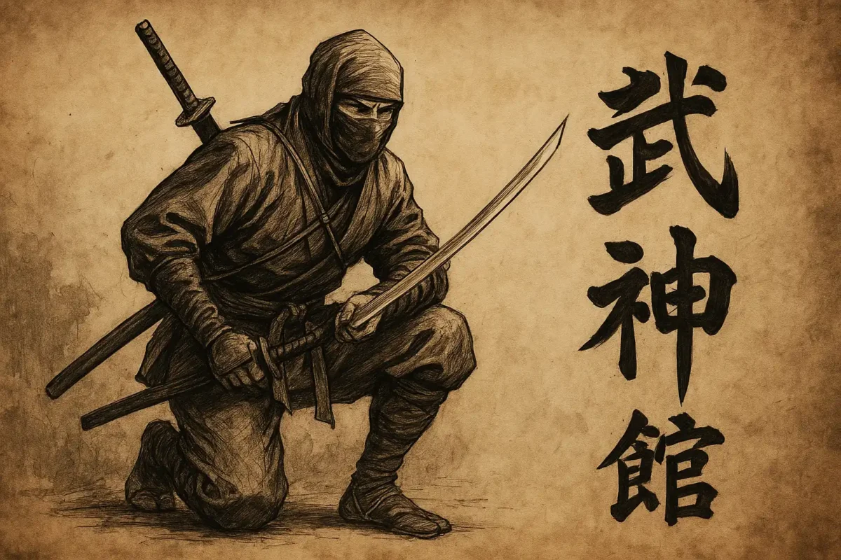 تصویر سنتی از جنگجوی نینجا در حالت آماده با شمشیر، نمایانگر هنر رزمی بوجینکان